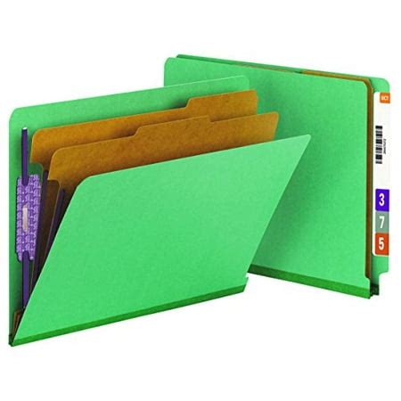 Smead 100% Recycled End Tab Pressboard Classification File Folder with SafeSHIELD Fasteners, 1 Divider, 2" Expansion, Letter Size, Gray/Green, 10 per Box (26800)